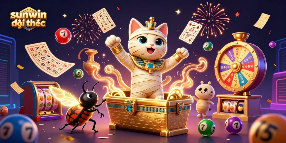 Engaging scene of sunwin đổi thưởng with a vibrant Egyptian theme, showcasing gaming elements and festive energy.
