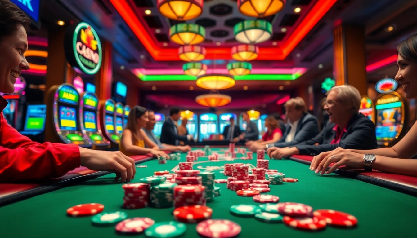 mainkan naskah toto di meja kasino dengan chip berwarna-warni dan suasana meriah