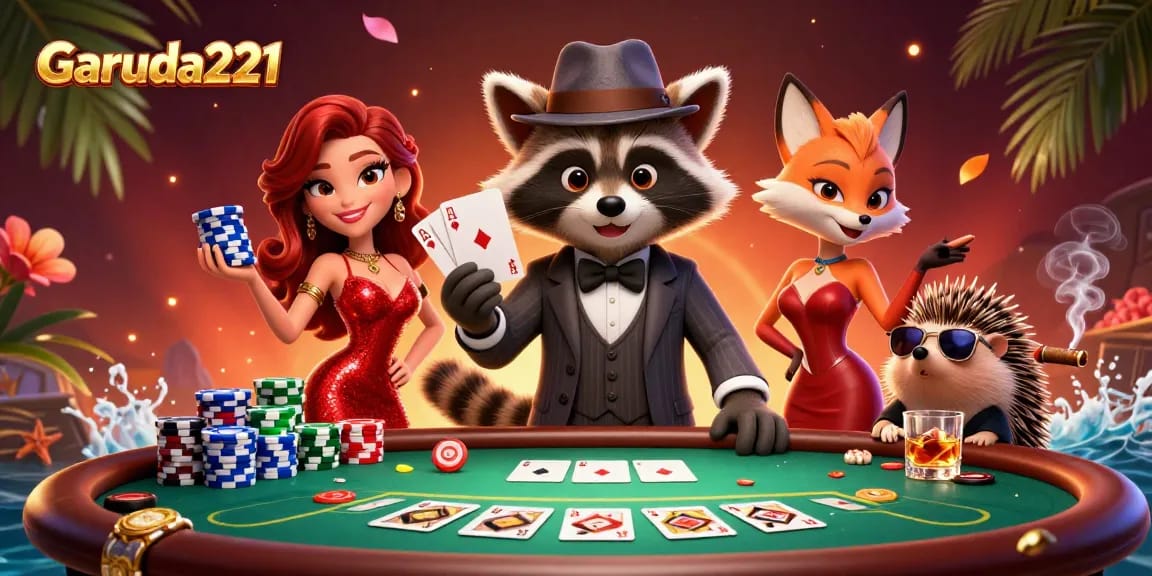 Experience high-stakes gaming action with Garuda221, showcasing vibrant poker characters and dynamic gameplay.