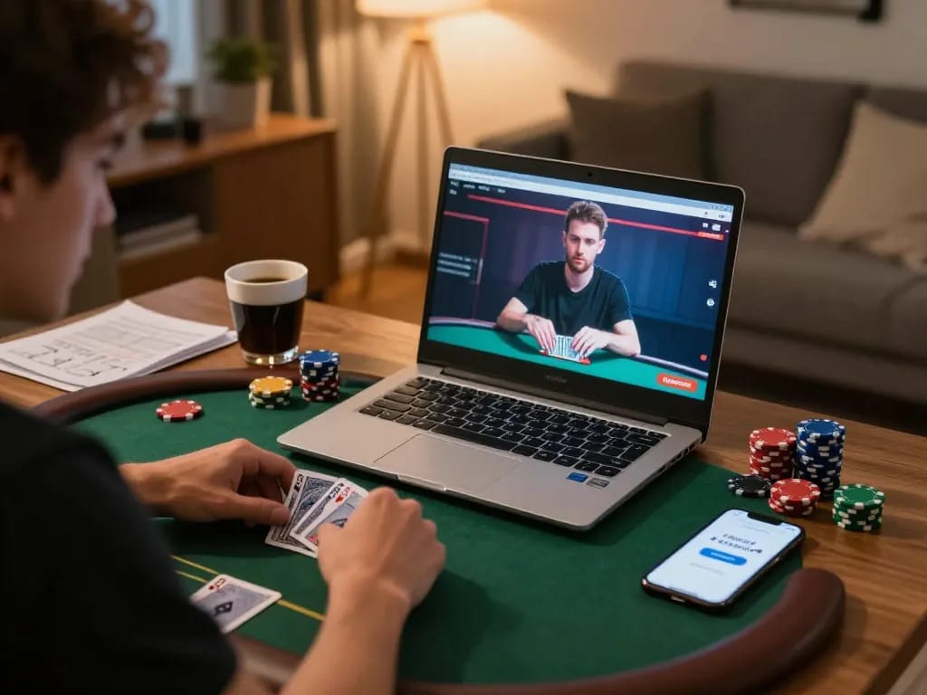 LGO99 player engaging in strategic online poker at home, with laptop, chips, and notes.