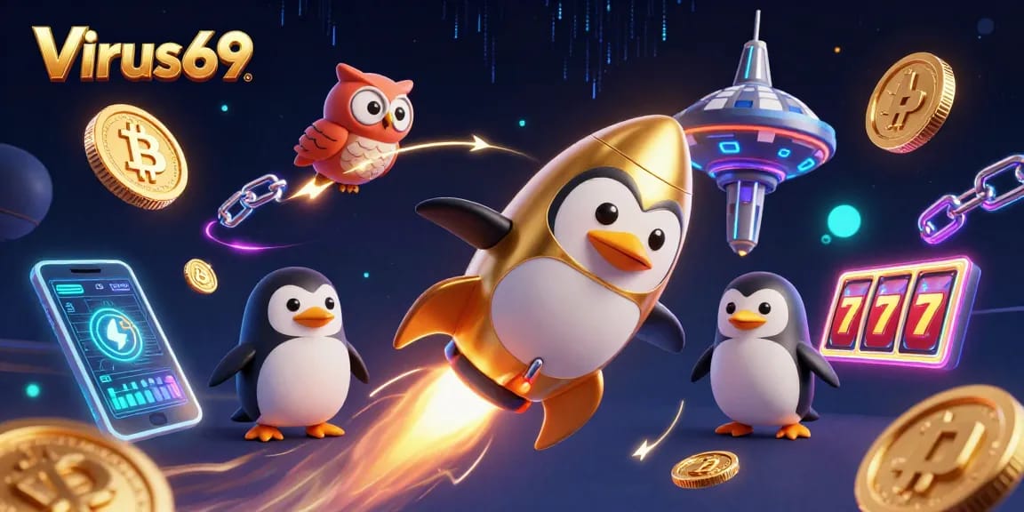 Experience Virus69 like never before with a golden penguin soaring into a vibrant casino universe!