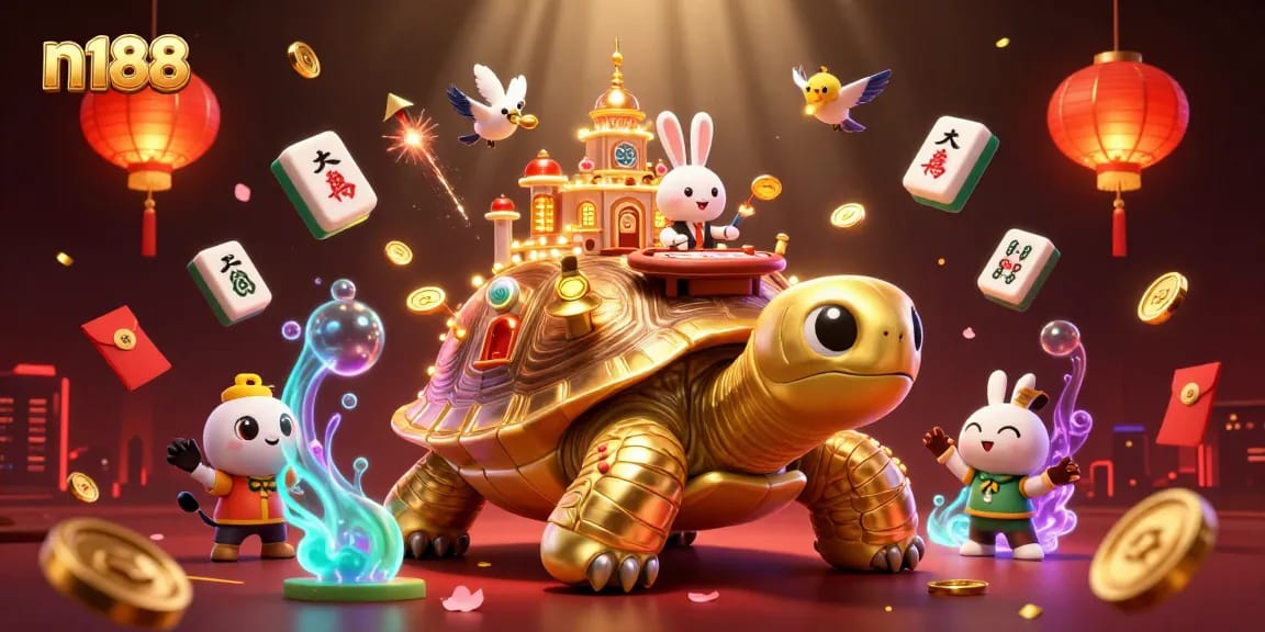 Experience exciting gaming at n188 with a colorful 3D casino scene featuring creatures and games.