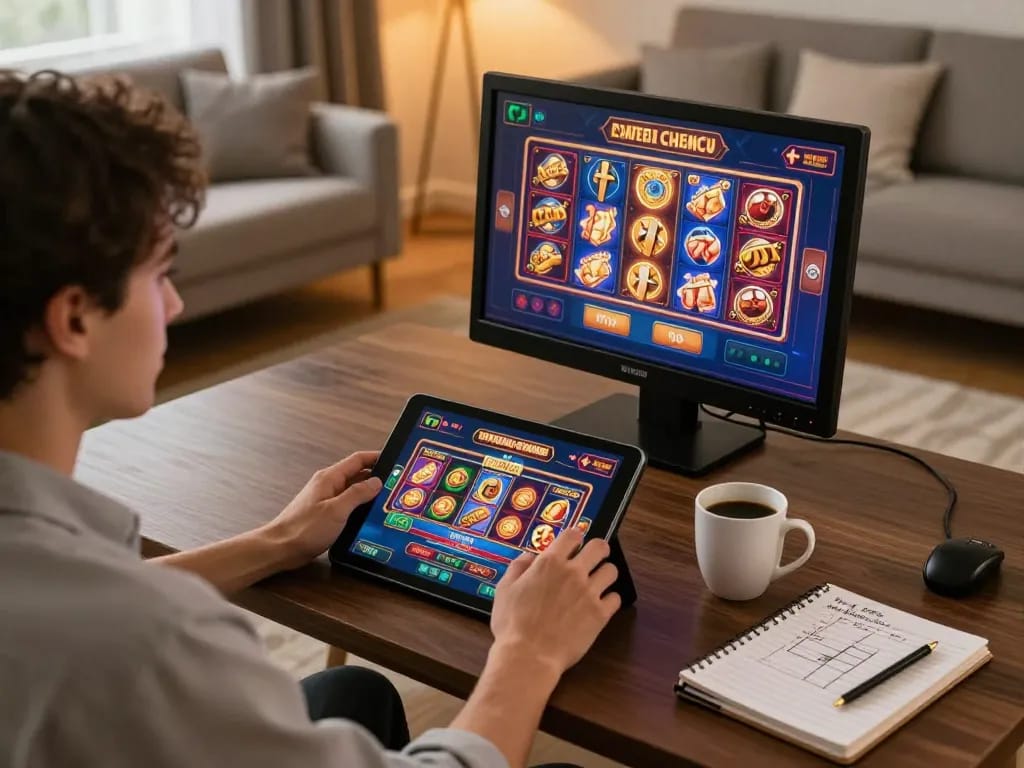 78win player engaging with exciting slot games on a tablet in a cozy home setting.