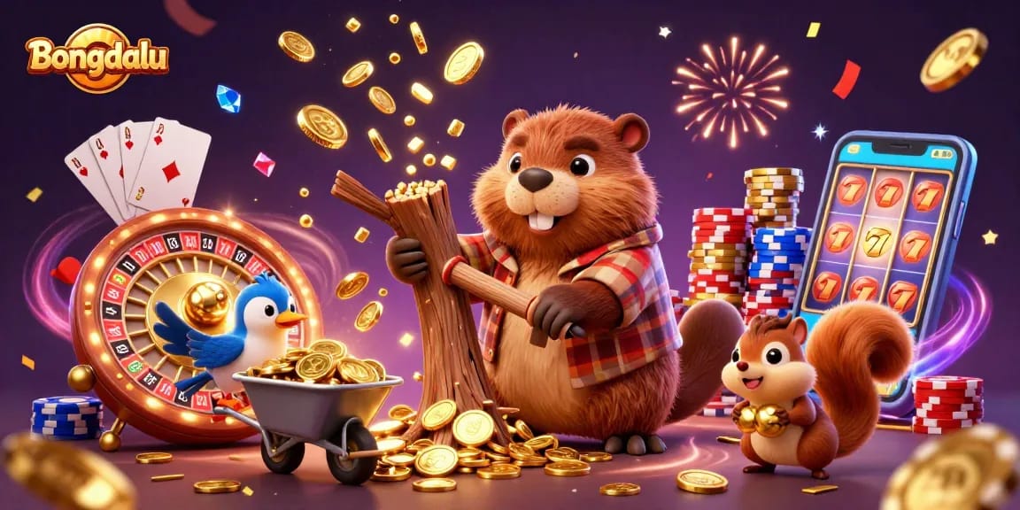 Bongdalu brings luck with a 3D beaver and friends amidst cascading coins, celebrating the thrill of gambling.