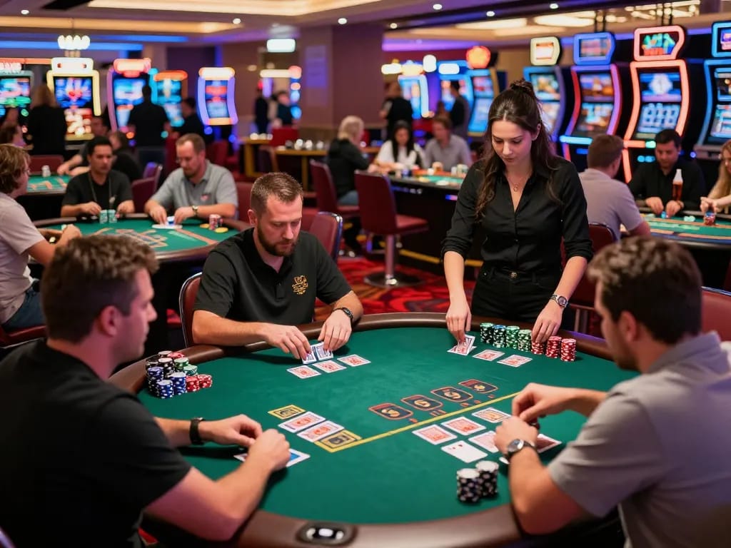 Players strategizing at blackjack tables in a lively casino, highlighting sunwin's gaming excitement.