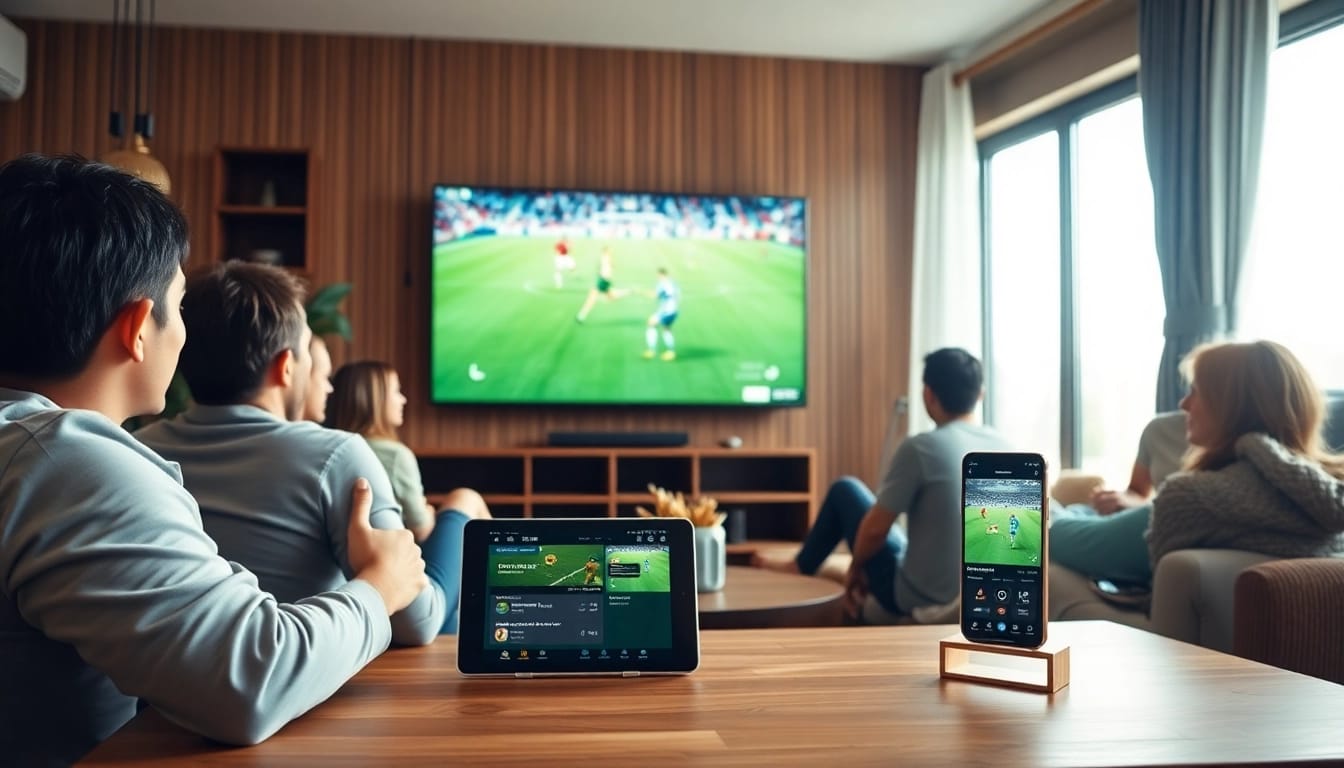 Engaging community enjoying a live soccer match on LuongSon TV across multiple devices.