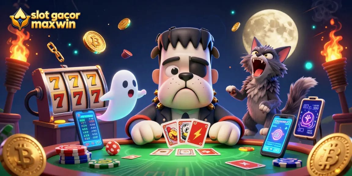 Menang pada slot gacor maxwin dengan ilustrasi kasino dan karakter unik yang membawa keberuntungan.