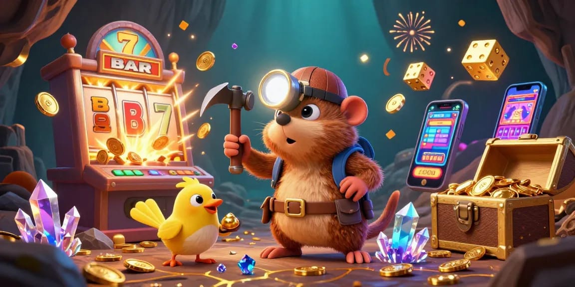 TUNAS4D treasure hunter mole explores gems while winning at the slots in a vibrant casino scene.