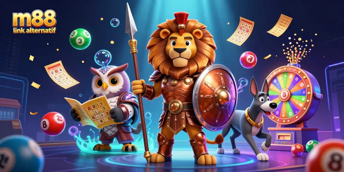 Engage with m88 link alternatif through vibrant lottery and gaming elements illustrated in rich detail.