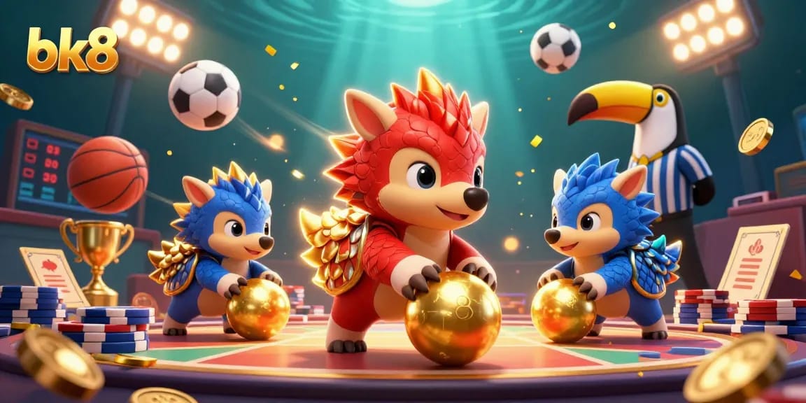 Bowl through chips with bk8 pangolins in vibrant sports-themed casino illustration.