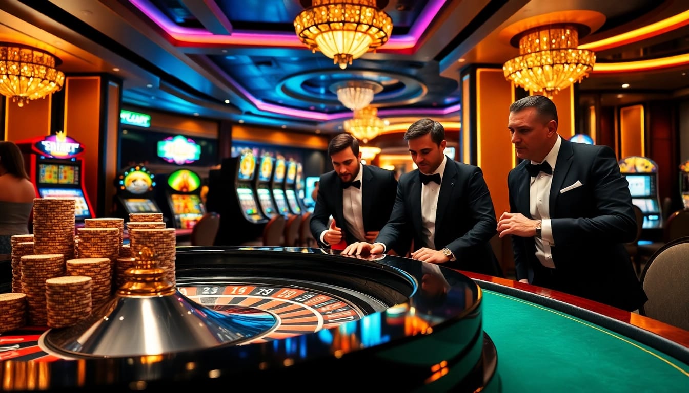 Excited players engage with a roulette table in a luxurious casino, featuring gilajp elements.