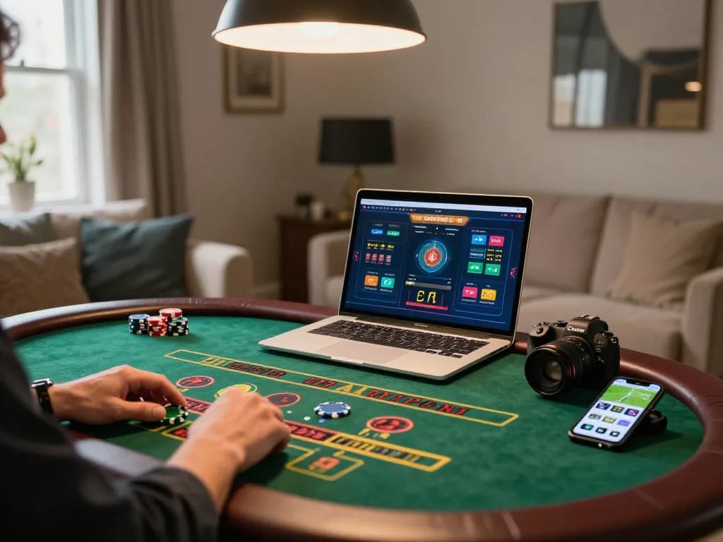 Engaged gambler using tg88 app on a laptop while enjoying live dealer game, cozy home atmosphere.