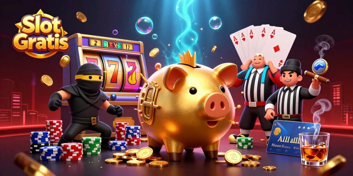 Experience thrilling Slot Gratis action with a golden piggy bank sumo wrestler and gaming elements.