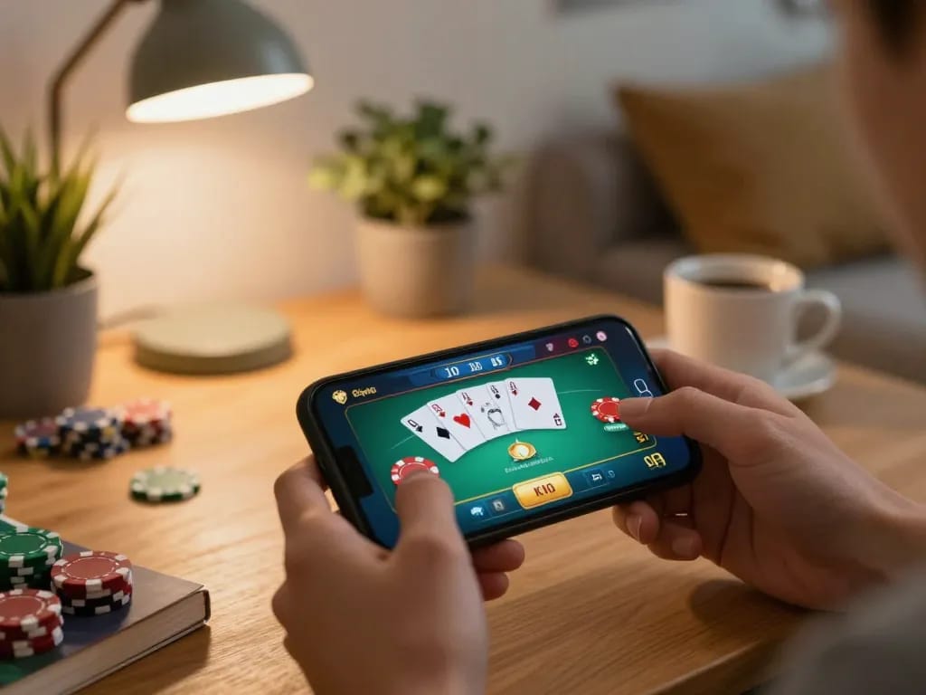 Pemain menggunakan smartphone untuk permainan poker sambil menikmati suasana rumah yang nyaman, meningkatkan pengalaman spaceman mereka.