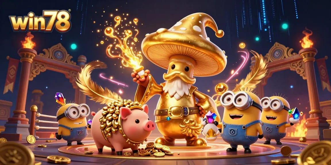 Win78 sports betting illustration featuring a magical mushroom wizard surrounded by vibrant casino elements.