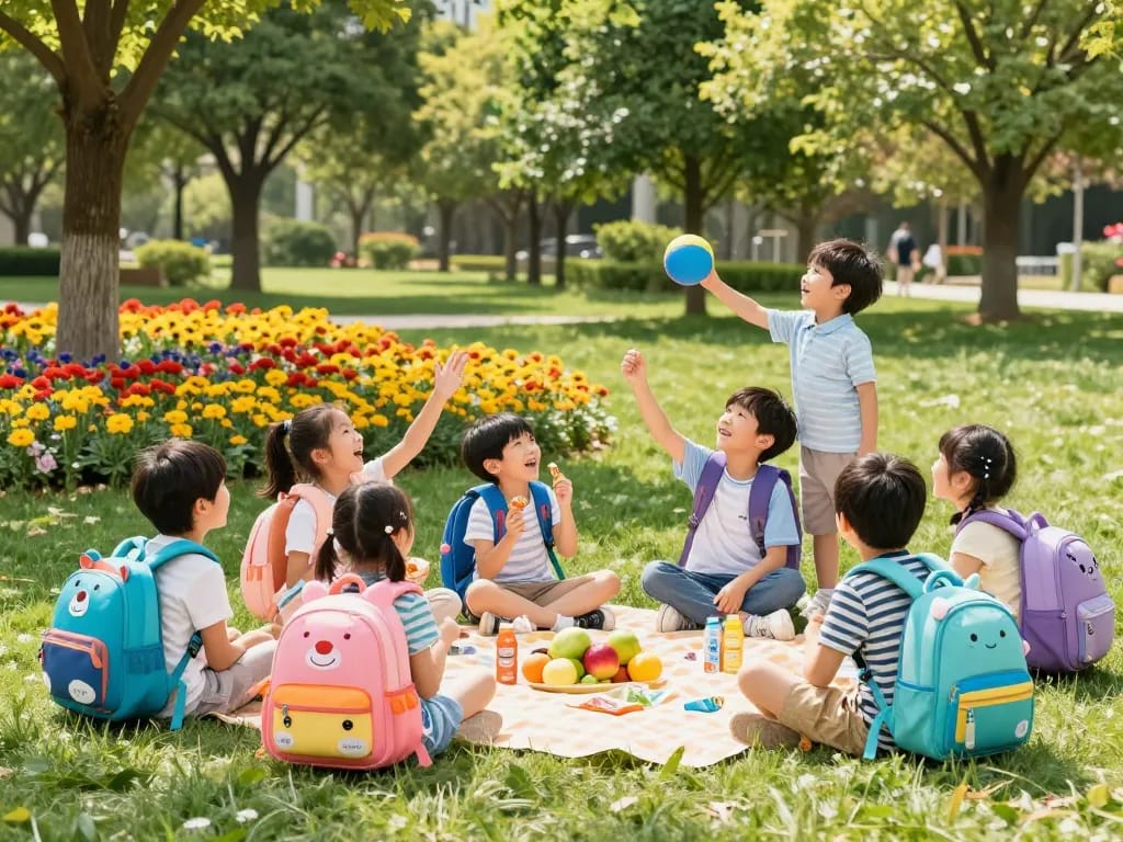 Children enjoying playtime in vibrant park with RAKUN77 themed backpacks.