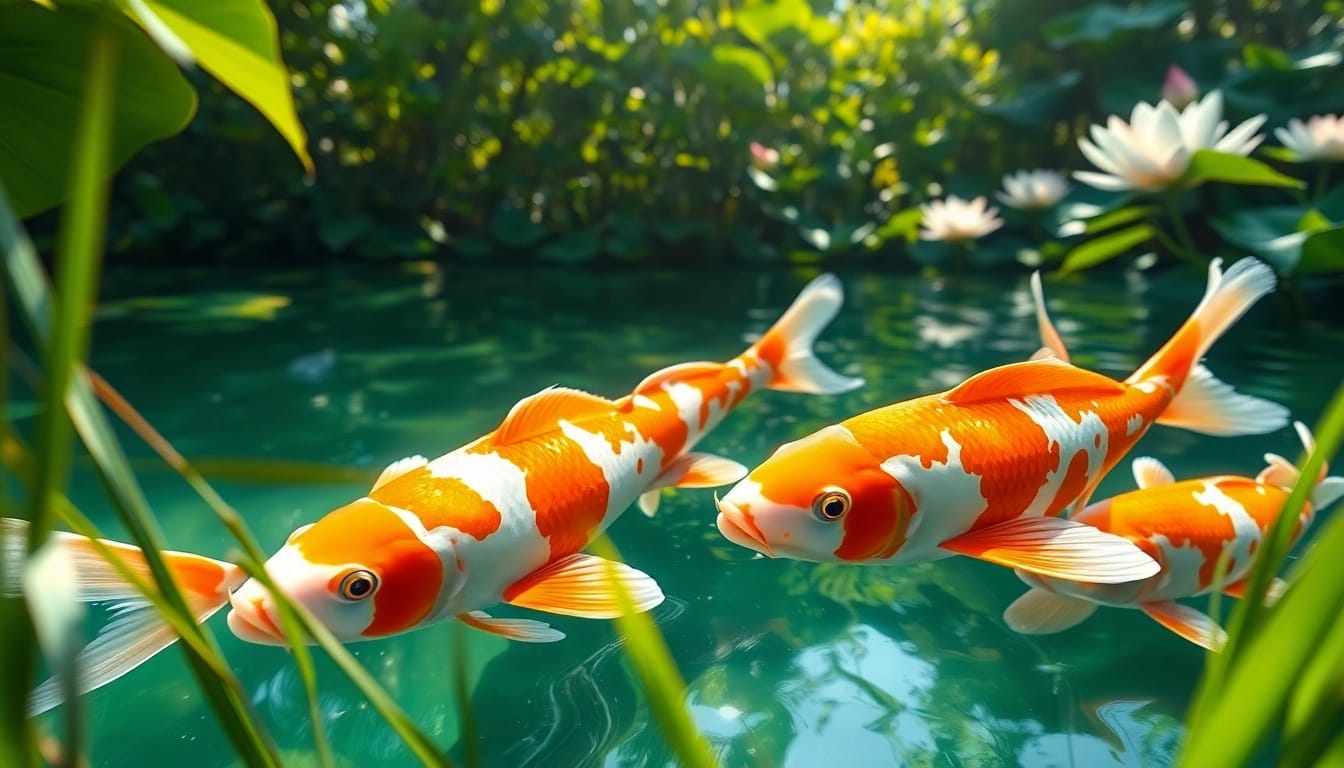 Koi toto fish berwarna cerah berenang di kolam tenang dikelilingi tanaman hijau.