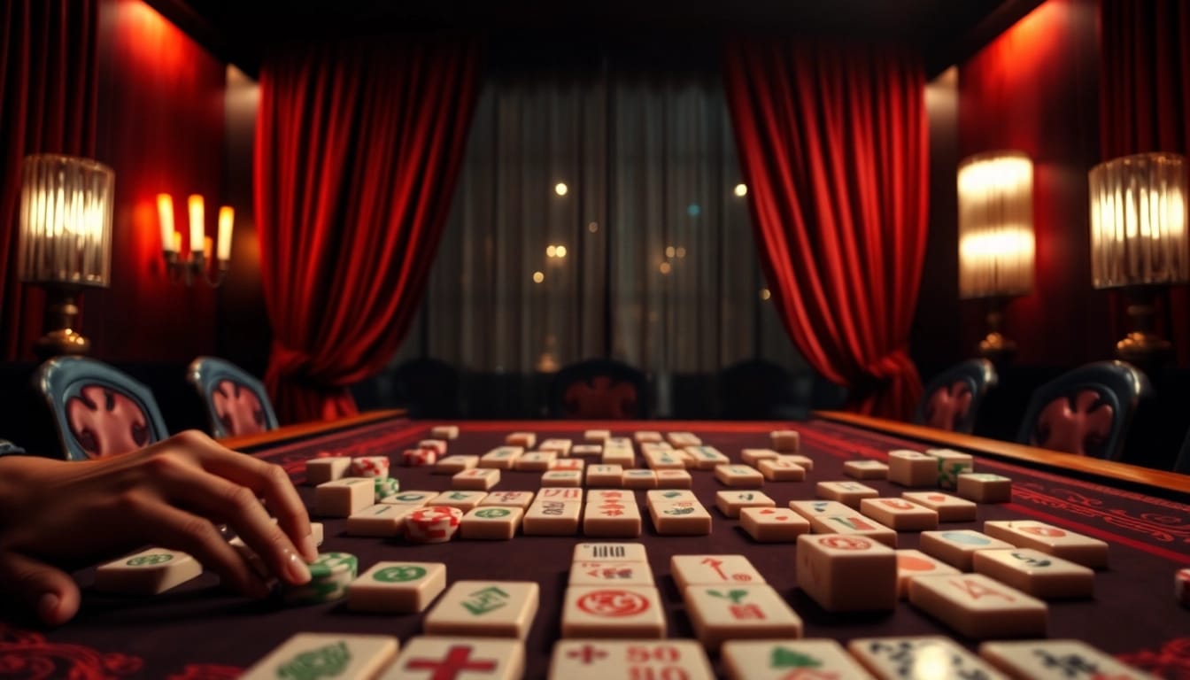 Permainan kasino link bossmahjong dengan meja mahjong elegan dan suasana yang menegangkan.