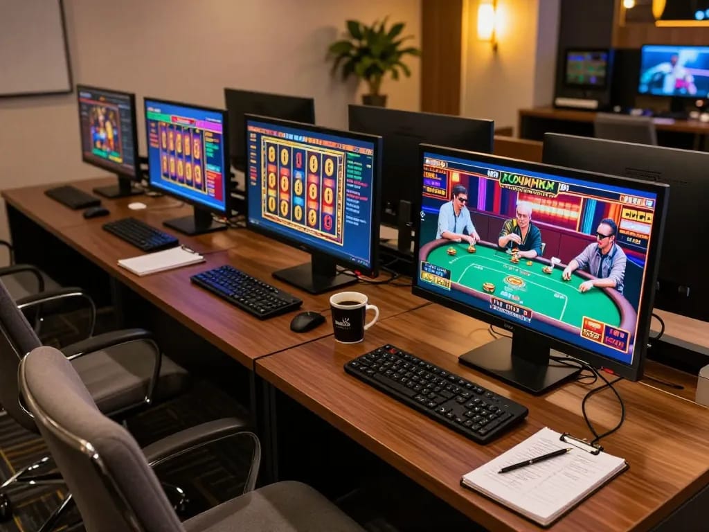 Berkeliling dalam permainan slot online di OKESLOT dengan beberapa layar dan suasana yang nyaman.