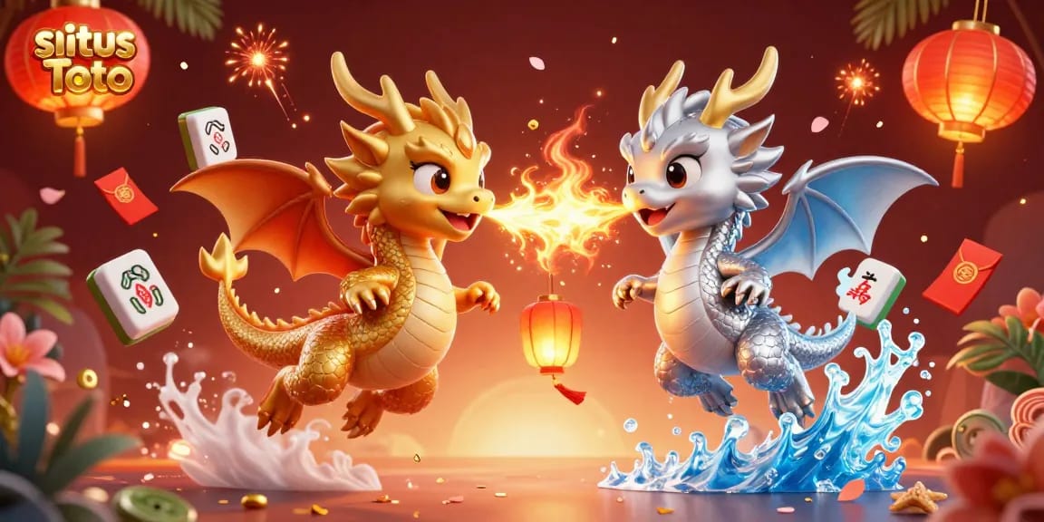 Situs Toto gaming illustration with golden and silver dragons amidst vibrant casino elements, enhancing online gambling excitement.