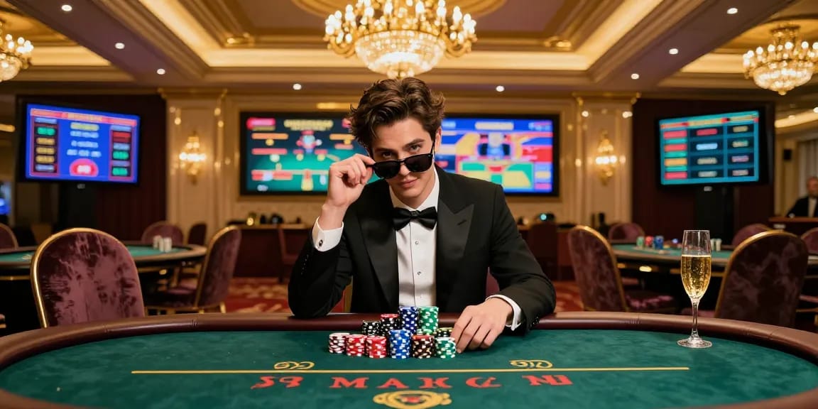 LUXURY777 permainan slot mewah di kasino dengan suasana elegan, termasuk meja poker dan pencahayaan glamor.