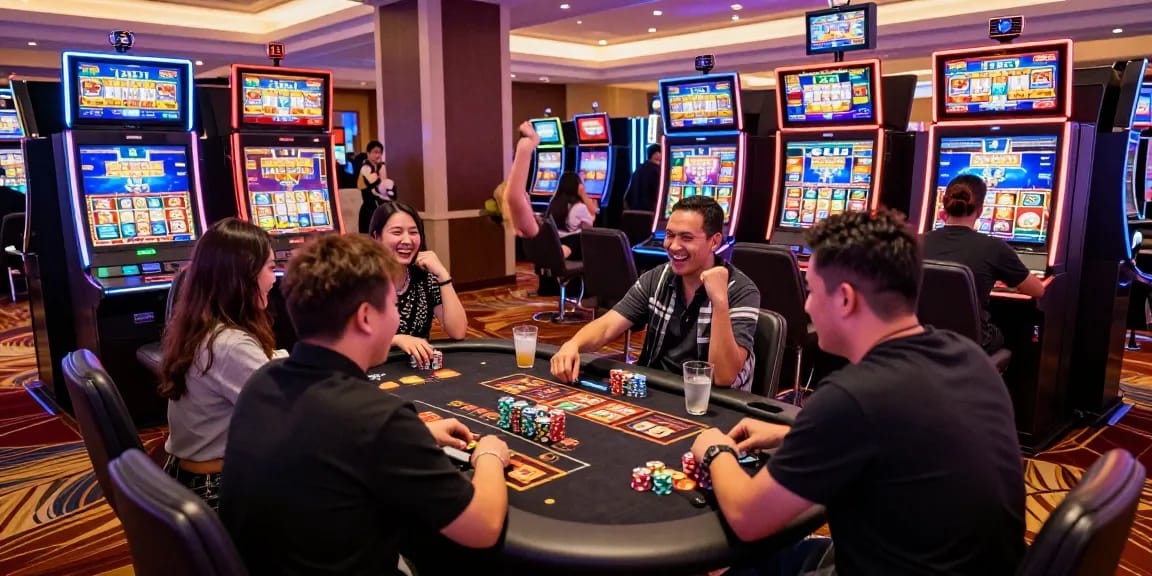 Exciting players enjoying a situs slot machine in a vibrant casino.