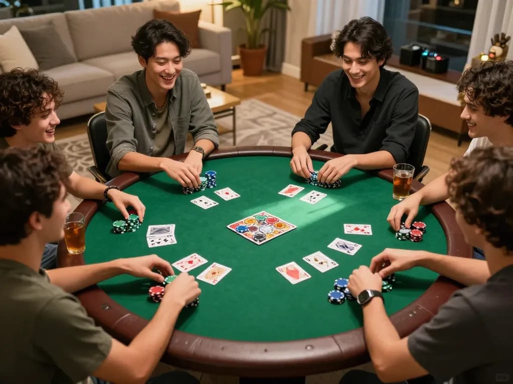 KADAL 778 players enjoying a thrilling game of poker at home with friends, showcasing competitive interactions.