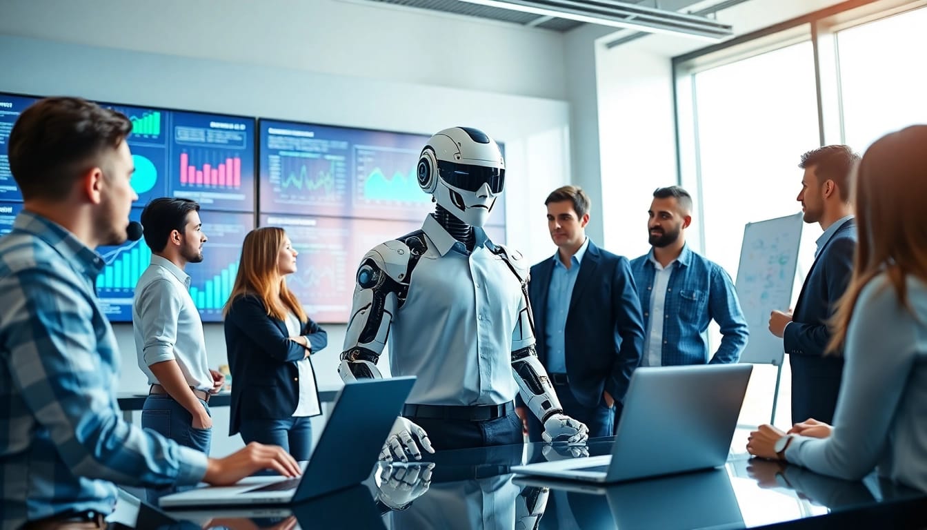 AI Employee collaborating in a vibrant office space, showcasing innovative teamwork and productivity.