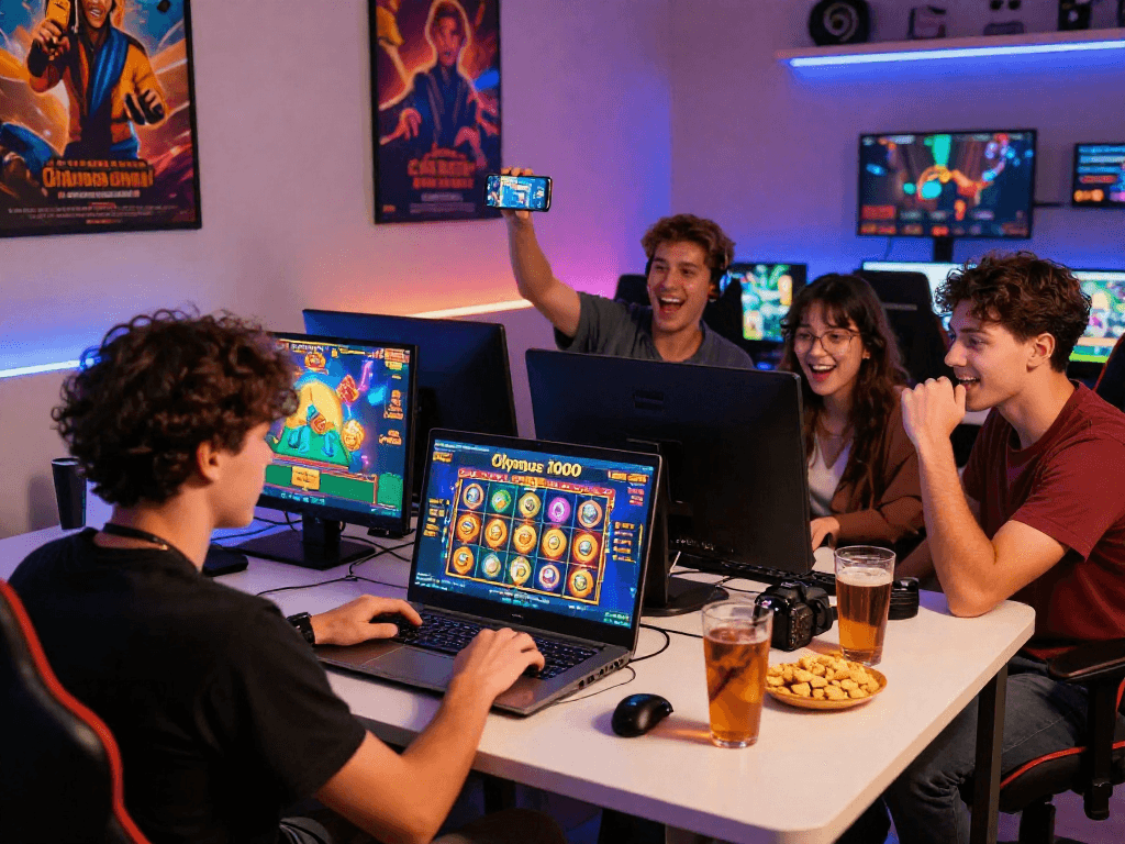 Exciting gaming setup at PAKHOKI featuring lively friends engaged in the latest situs slot terbaru experience, showcasing Olympus 1000 with vibrant visuals.