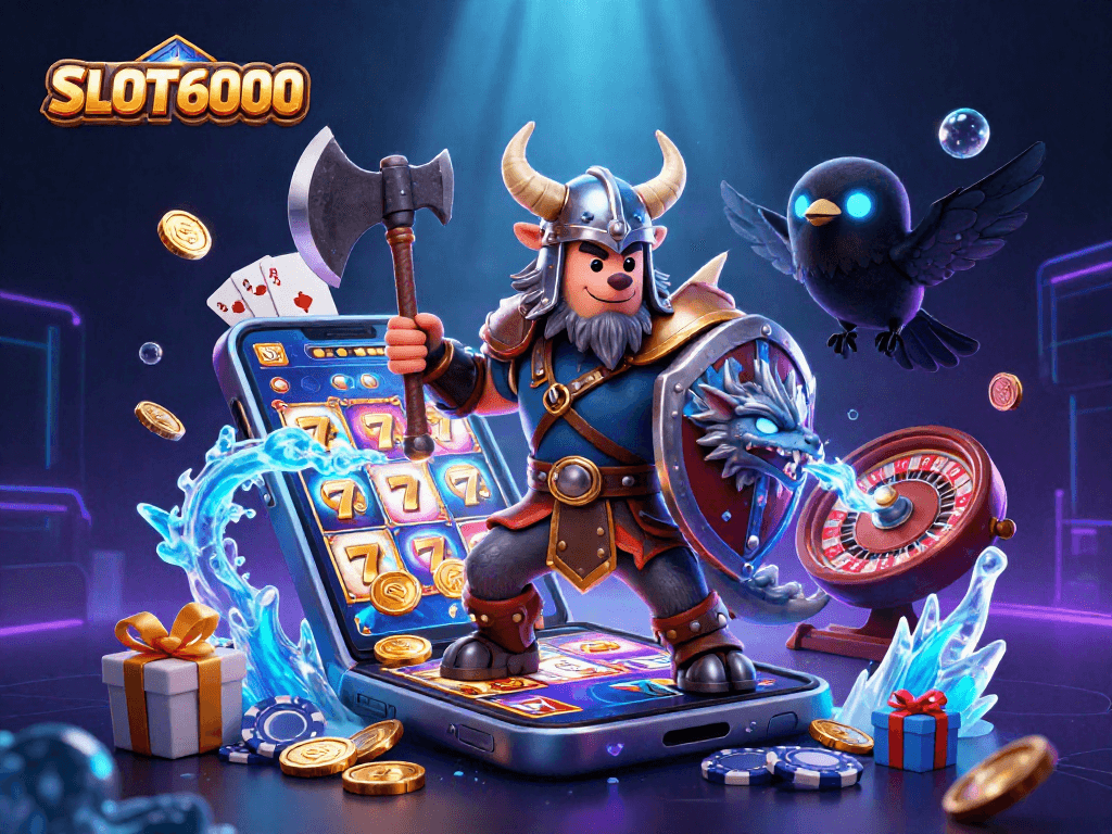 SLOT6000 showcases a Viking warrior and dragon immersed in a dynamic slot gaming scene with vibrant elements.
