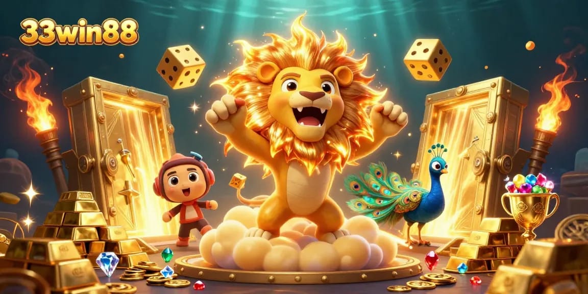 Win exciting prizes with 33win88 at this vibrant casino illustration showcasing golden treasures and dynamic gameplay.