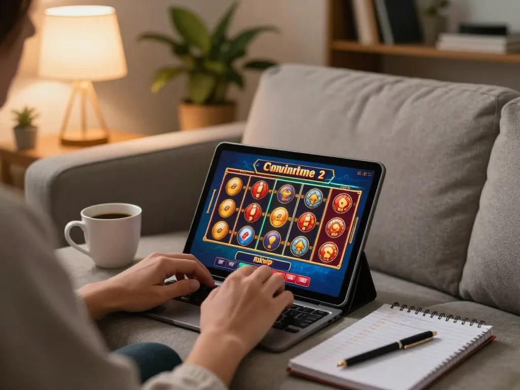 Player exploring online slot games on tablet for exciting wins at rikvip in a cozy home setting.