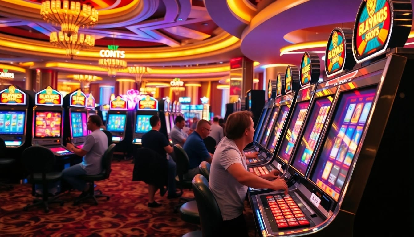Slot machines berwarna-warni dalam suasana kasino yang meriah, menarik banyak pemain.