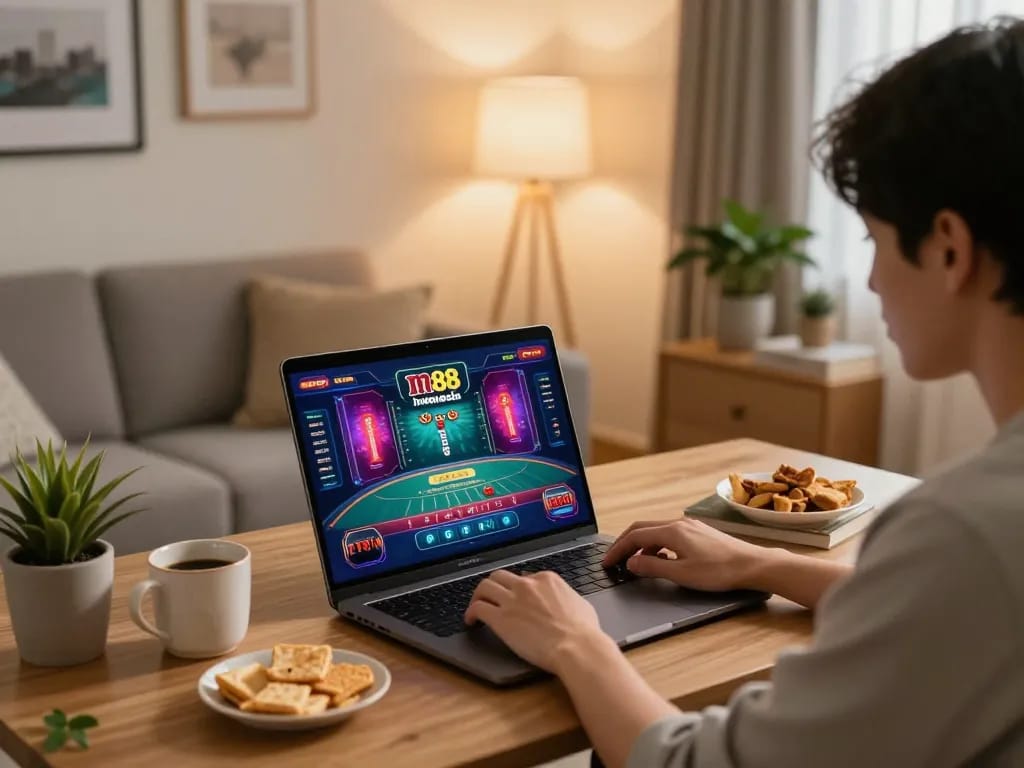 Terlibat dalam permainan online di platform m88 Indonesia, menampilkan permainan strategis di rumah.