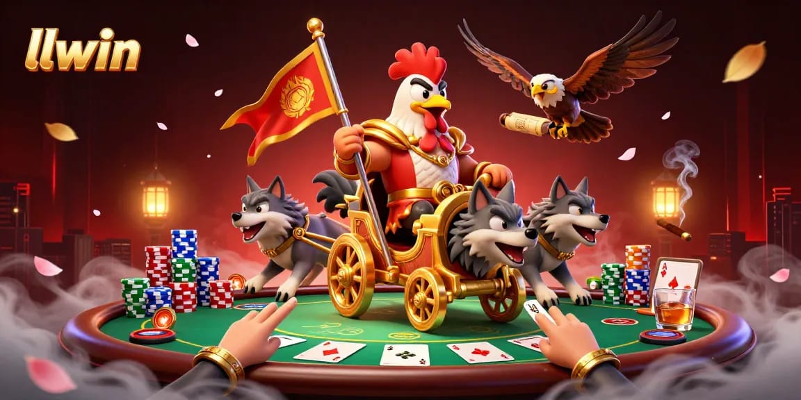 Engage with llwin's thrilling poker scene, featuring a warlord rooster and dynamic gambling elements.