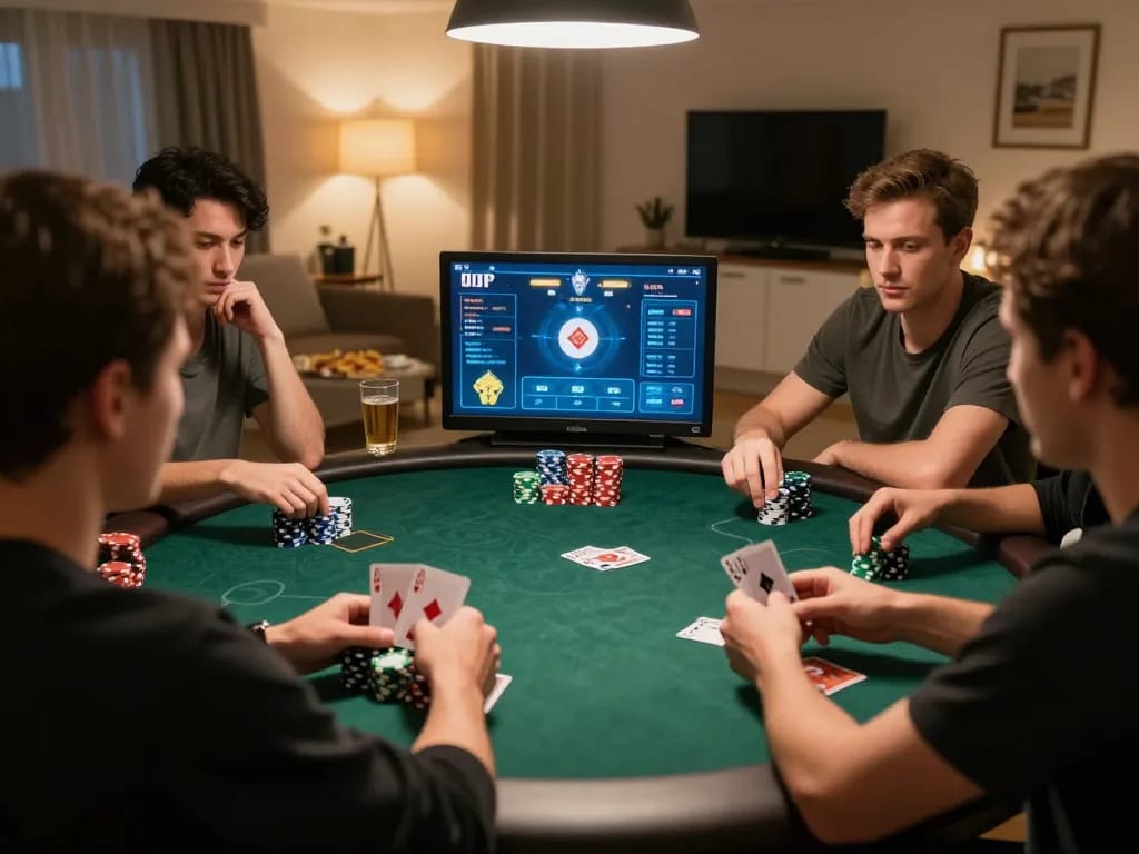 Players enjoying an engaging poker game together online at luckywinz, showcasing chips and cards in an inviting atmosphere.