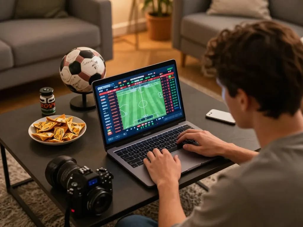 78win player analyzing sports betting options on a laptop during a game, capturing excitement and strategy.