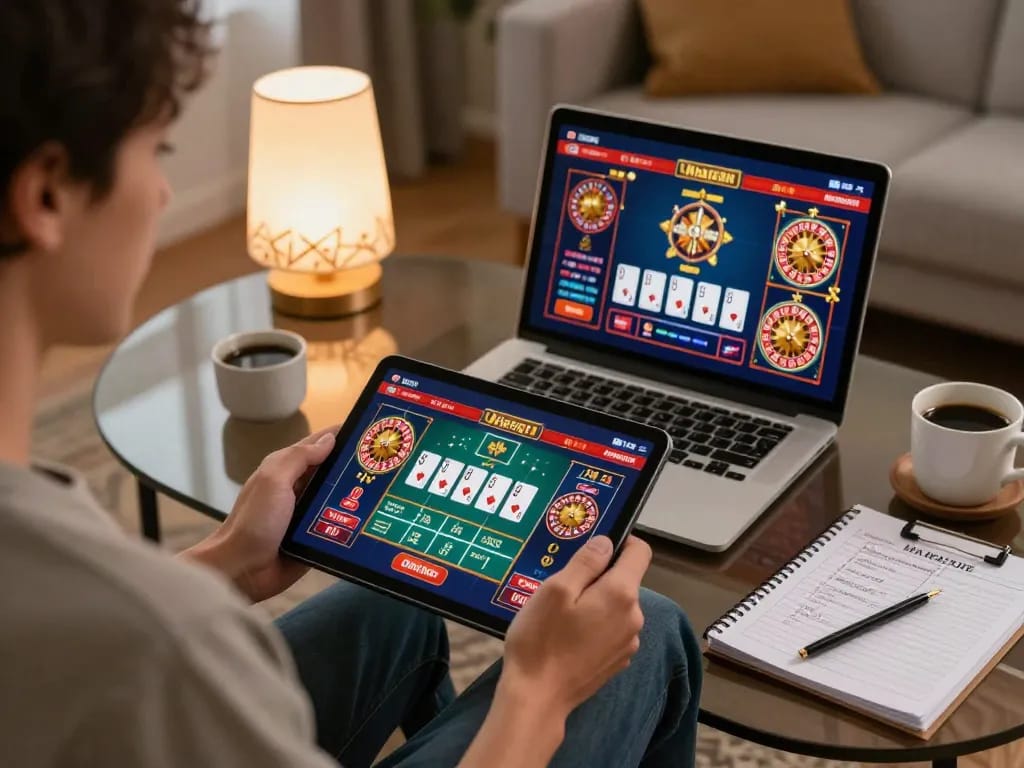 Person enjoying llwin online gambling with gaming tablet in cozy home setup