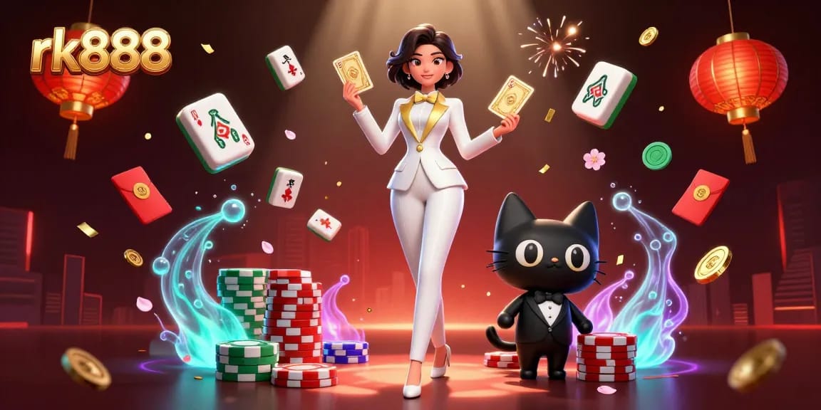 Experience excitement at rk888 with a glamorous woman shuffling golden cards and a playful tuxedo cat.