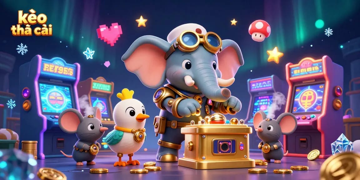 Engage with kèo nhà cái action featuring a colorful scene of a steampunk elephant operating a golden slot machine.