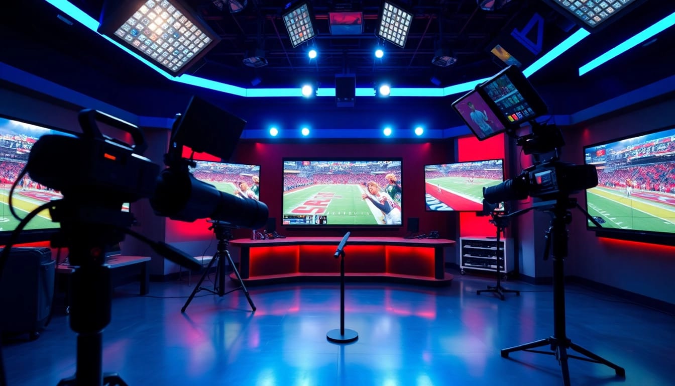 Engaging sports broadcasting scene with hosts and live feeds showcasing dynamic sports coverage.