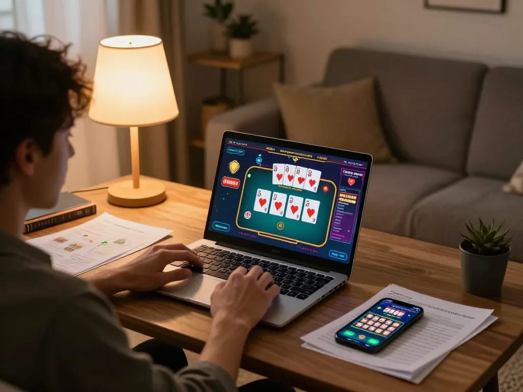 A person enjoying GAME ONLINE on a laptop with casino graphics, showing strategic engagement in a cozy setting.