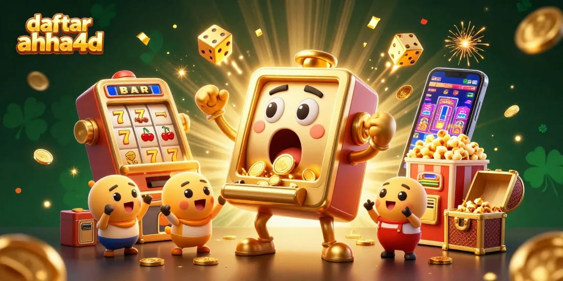 Mesin slot jackpot meluap dengan koin dalam ilustrasi 3D, daftar ahha4d di sudut kiri atas.