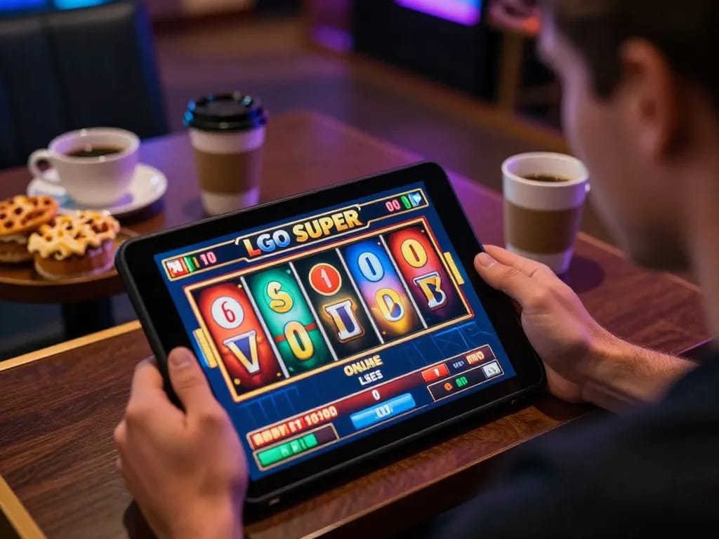 Player enjoying LGO SUPER online slot game on a tablet, vibrant gaming atmosphere