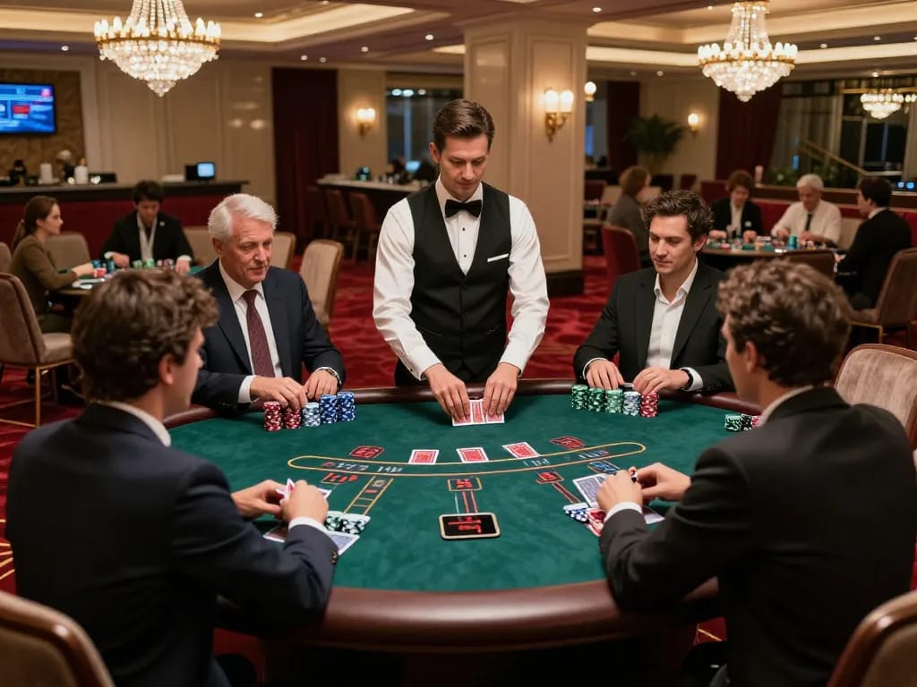 Engage in a thrilling blackjack game at UG DEWA with players focused on their hands and strategies.