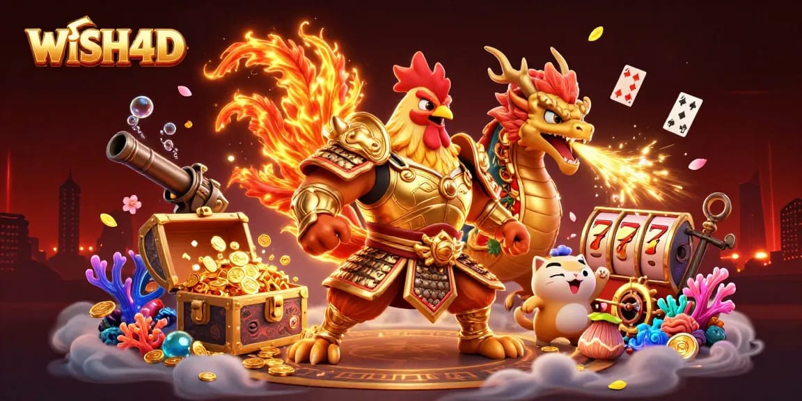 WISH4D menampilkan petarungan ayam dan naga di kasino yang penuh harta berkilau dan slot menarik.
