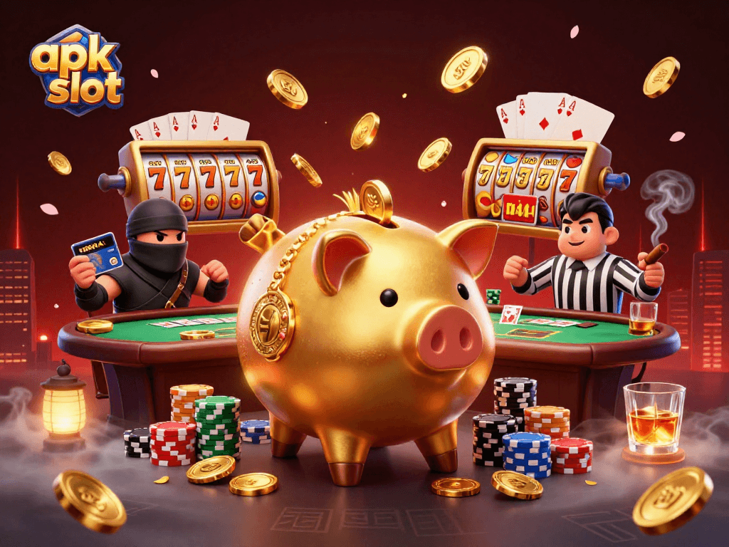 Mengguncang koin emas, apk slot menampilkan petarung berjari ninja dan wasit samurai dalam aksi kasino.