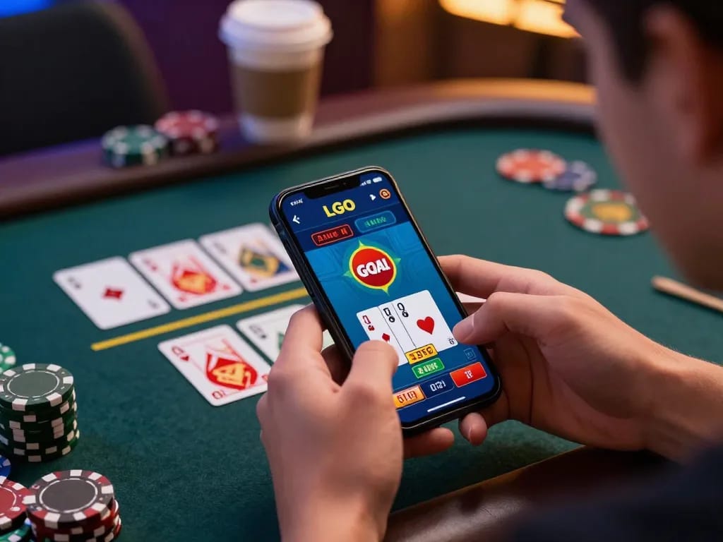 LGO GOAL player enjoys live dealer casino action on a smartphone with strategic insights nearby.