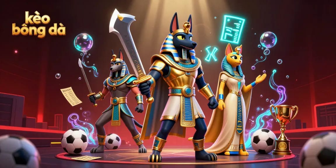 Bet on kèo bóng đá as Anubis and Bastet thrill in a vibrant gambling scene.
