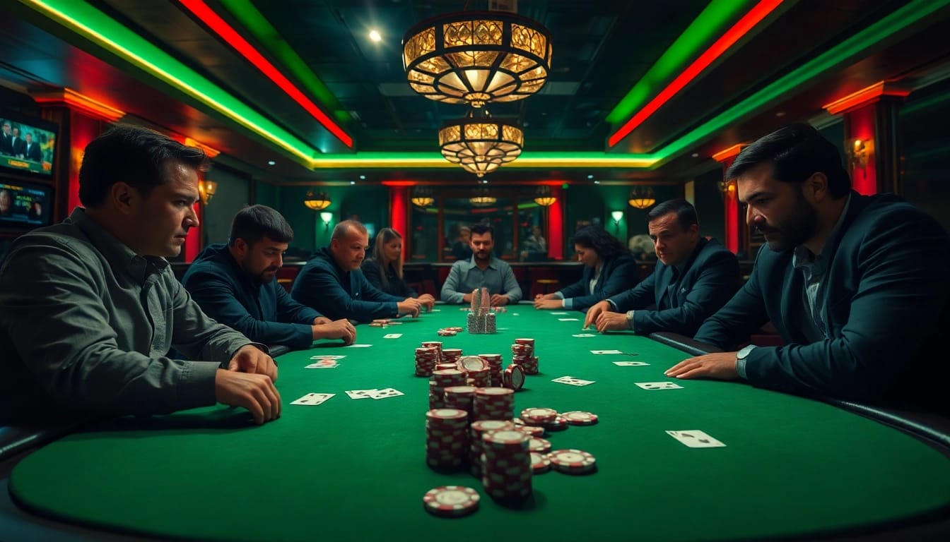 tkp188 tampilkan pemain poker yang fokus dalam suasana perjudian yang mendebarkan.